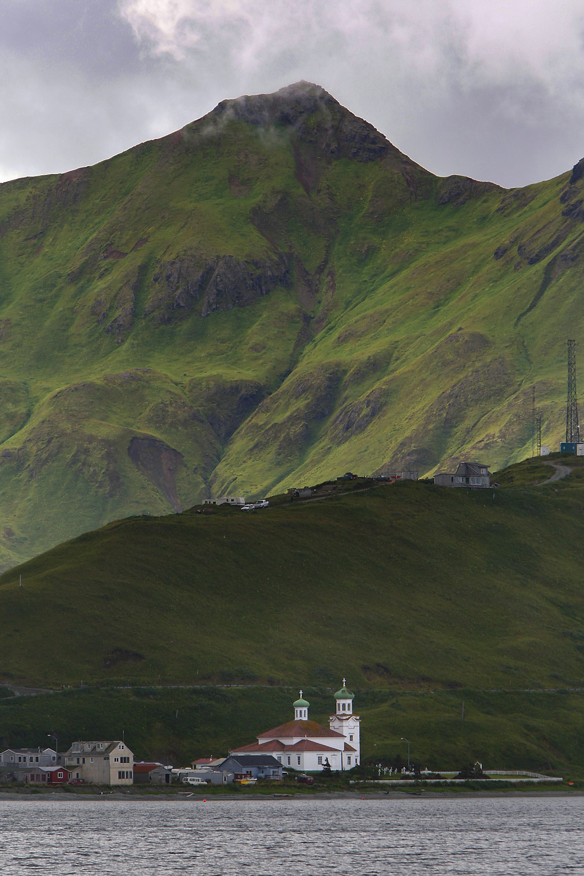 The twin domes of the Russian Orthodox Church in an evening view in Dutch Harbor