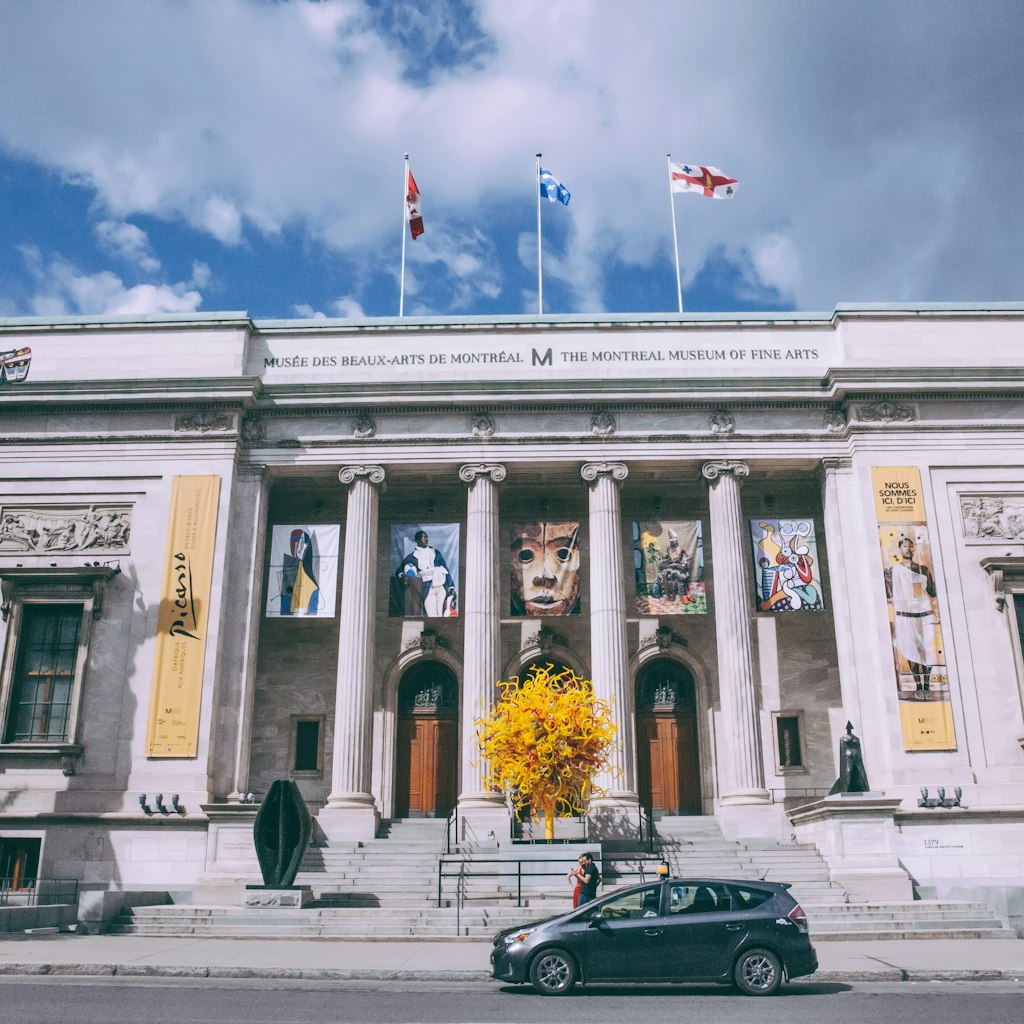 Montreal, Quebec, Canada - 15 September 2018: Oblique view of the Montreal museum of fine arts' old building with stairways and entrance doors.