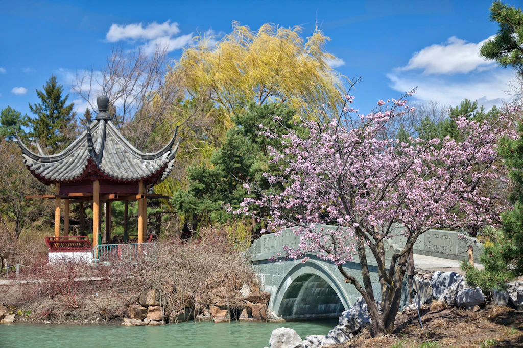 A pagoda standing in beautiful gardens with pink cherry blosson