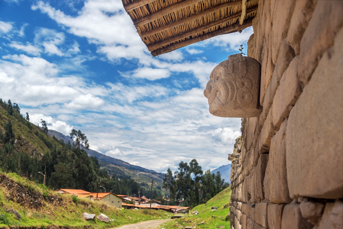 Stone mask on the ancient temple at Chavin de Huantar in Peru