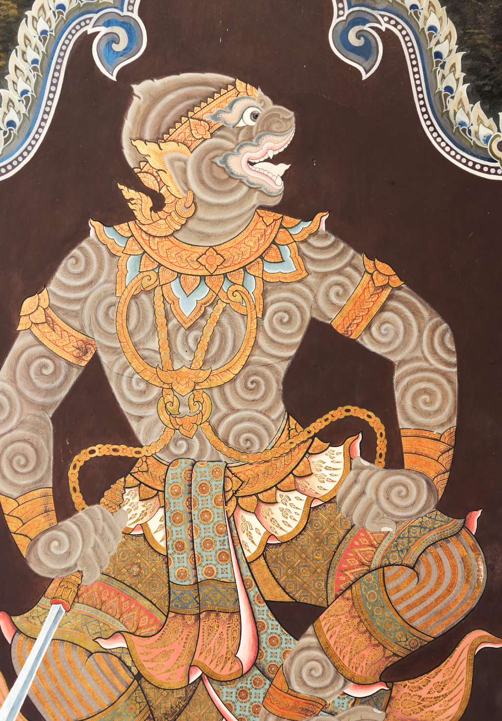 Painting of monkey deity Hanuman at Wat Phra Kaew, Temple of Emerald Buddha, at Bangkok's Grand Palace, Thailand