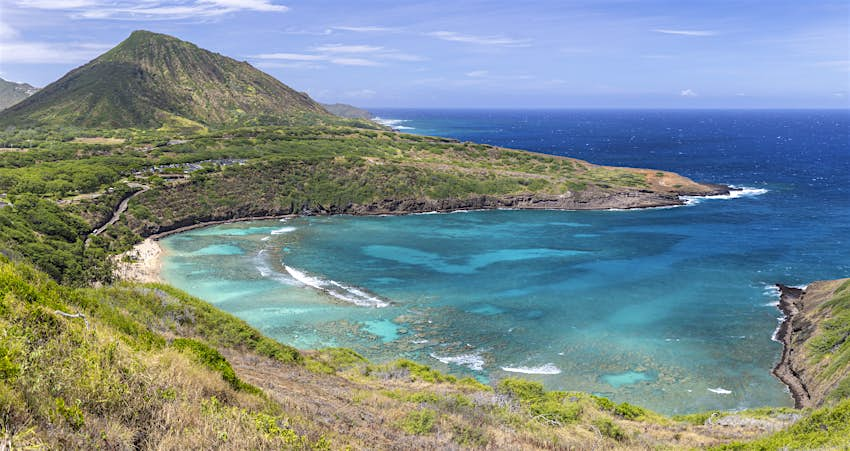 Aerial view of Hanauma Bay Nature Preserve in Hawaii 