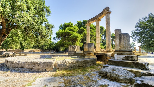 Ruins of the ancient site of Olympia, specifically the Philippeion in the Altis of Olympia, which was an Ionic circular memorial of ivory and gold. The Olympic games originate from there.