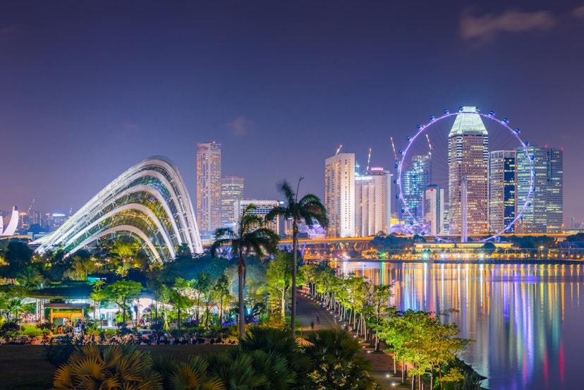 Two advanced architecture structures of Singapore, Flower Dome of Garden by the bay and famous Singapore flyer at night time show fabulous light and color, Singapore