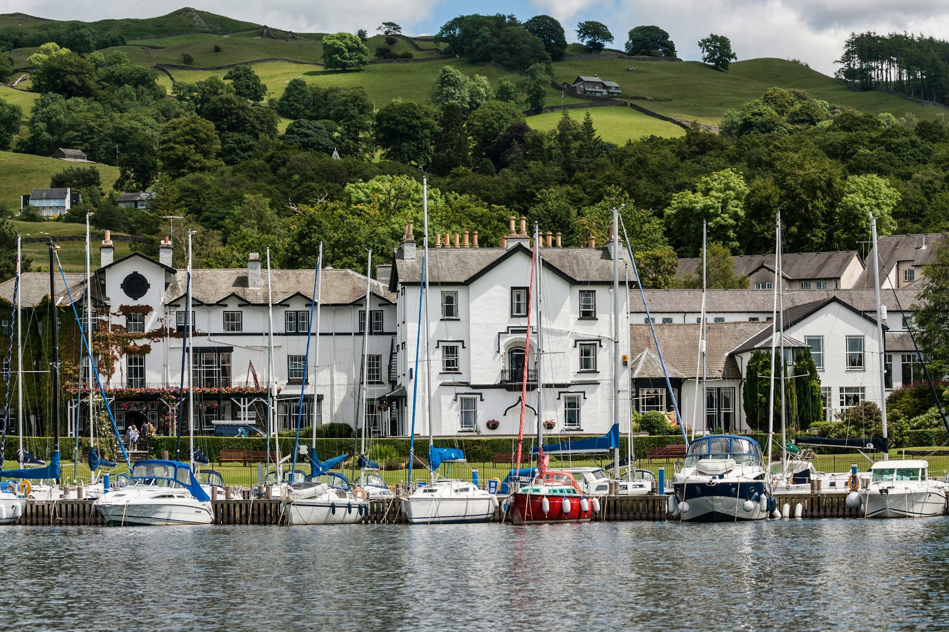 A small harbor with a row of white sailboats