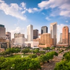The city skyline and downtown city park of Houston.