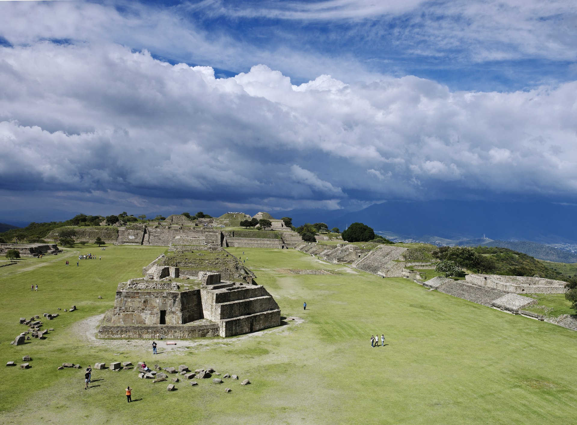 Aerial view of Monte Albán archaeological site on mountain-top above Oaxaca City, Mexico