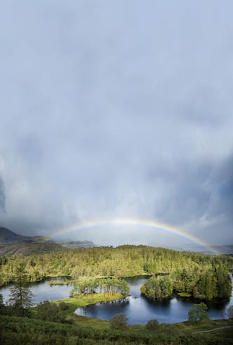 A rainbow arches over a lake in a rural setting