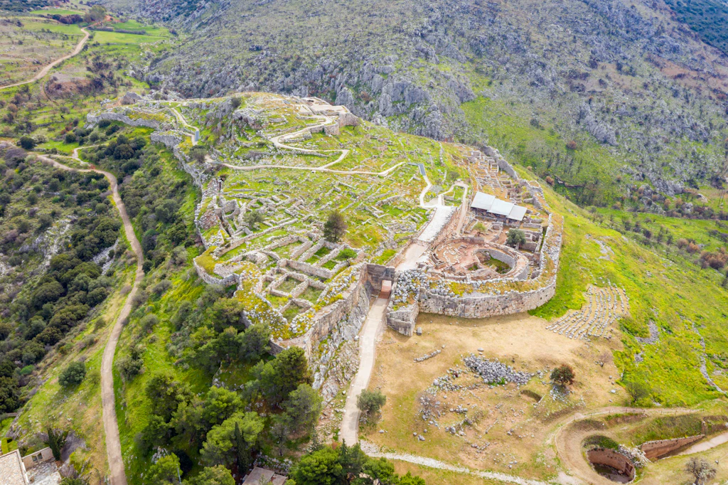 Aerial photo of the ancient site of Mycenae archaeological site in the Peloponnese, Greece Aerial photo of the ancient site of Mycenae archaeological site in the Peloponnese, Greece.