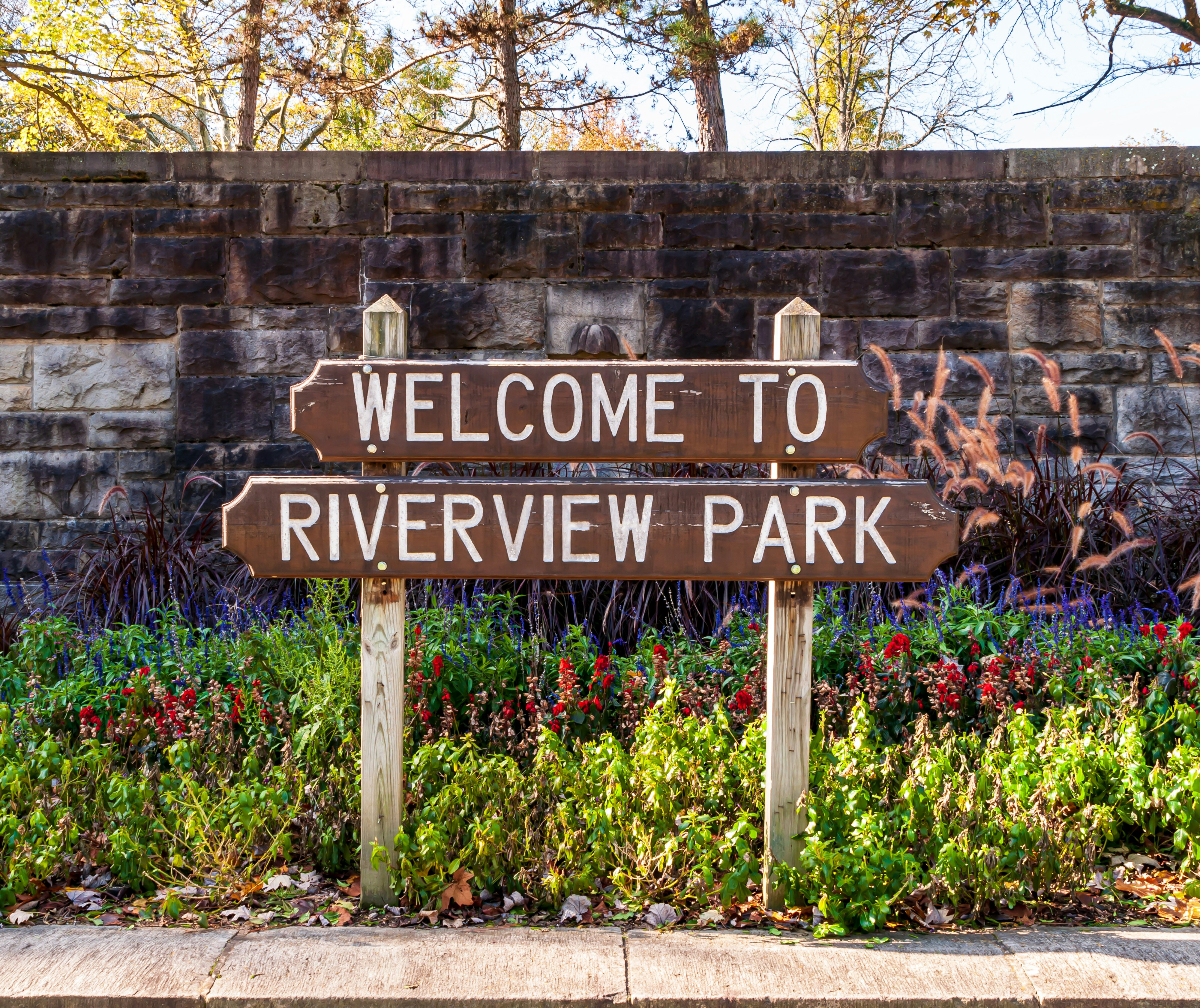 A wooden sign saying "Welcome to Riverview Park" on the north side of Pittsburgh