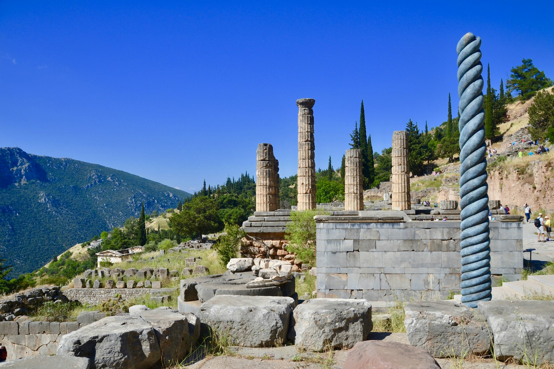 The twisted serpent column and the Doric columns of the Temple of Apollo.