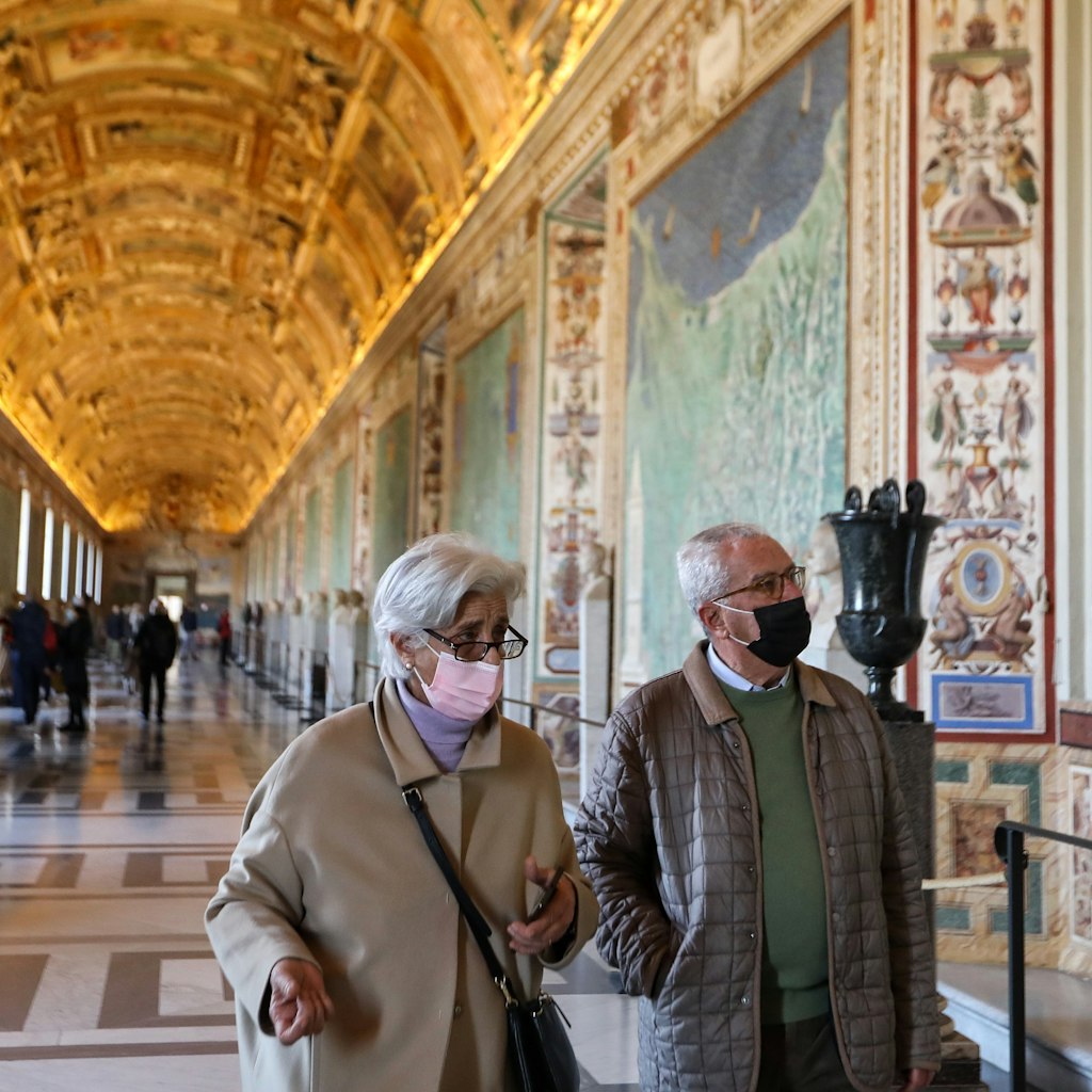VATICAN, Feb. 5, 2021 -- People wearing face masks visit the Vatican Museums, on Feb. 5, 2021. The Vatican Museums, previously closed due to the COVID-19 outbreak, reopened as of Feb. 1, while visitors are required to make appointments on-line before arrival. (Photo by Cheng Tingting/Xinhua via Getty) (Xinhua/Cheng Tingting via Getty Images)