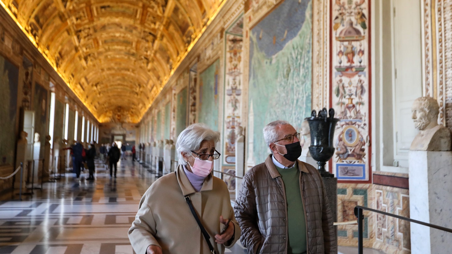 VATICAN, Feb. 5, 2021 -- People wearing face masks visit the Vatican Museums, on Feb. 5, 2021. The Vatican Museums, previously closed due to the COVID-19 outbreak, reopened as of Feb. 1, while visitors are required to make appointments on-line before arrival. (Photo by Cheng Tingting/Xinhua via Getty) (Xinhua/Cheng Tingting via Getty Images)