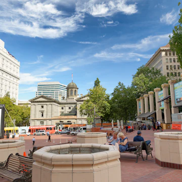 AUGUST 18, 2017: Visitors in Pioneer Place on a summer day.