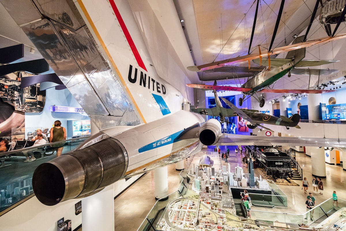 JUNE 24, 2018: Planes hanging from the ceiling inside the Museum of Science and Industry.