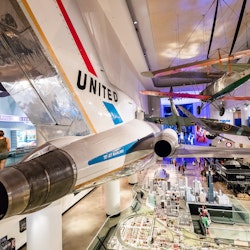 JUNE 24, 2018: Planes hanging from the ceiling inside the Museum of Science and Industry.