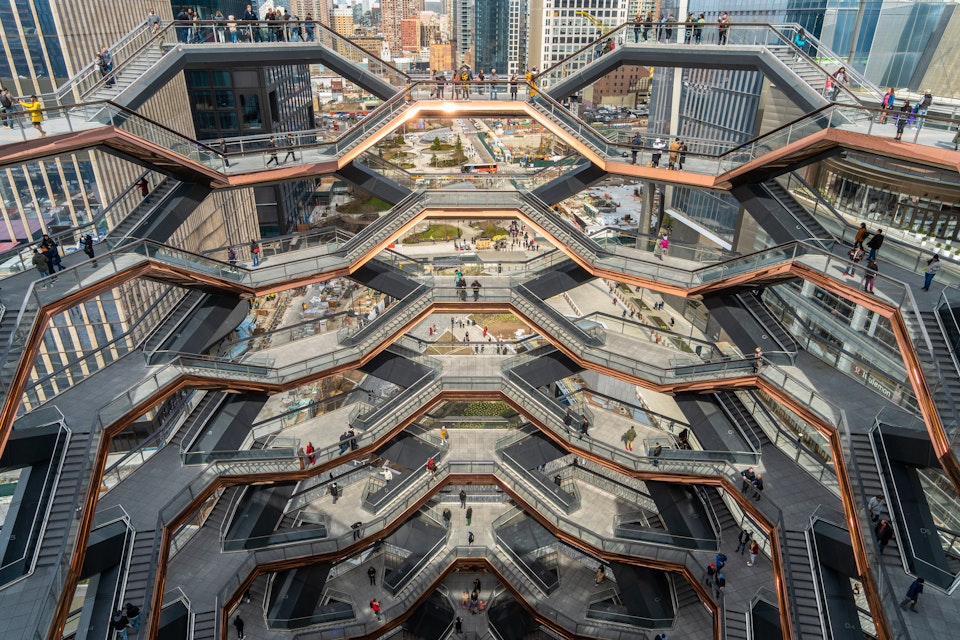 April 2019: Visitors on staircases at Vessel, which is part of the Hudson Yards Redevelopment Project.