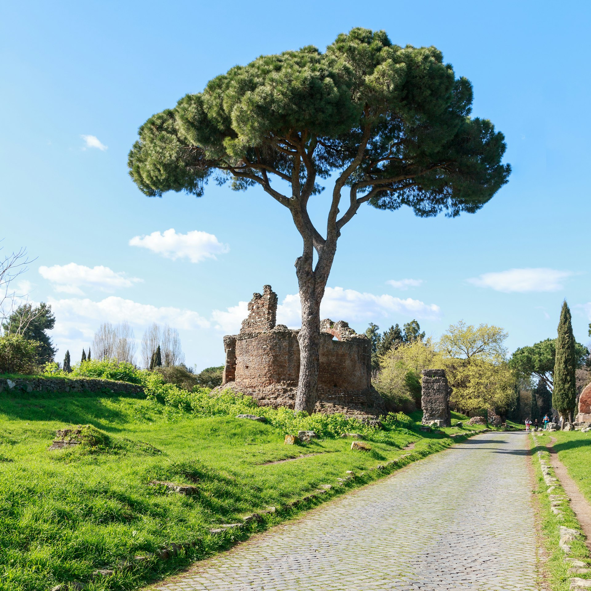 A straight paved path with ruins to one side