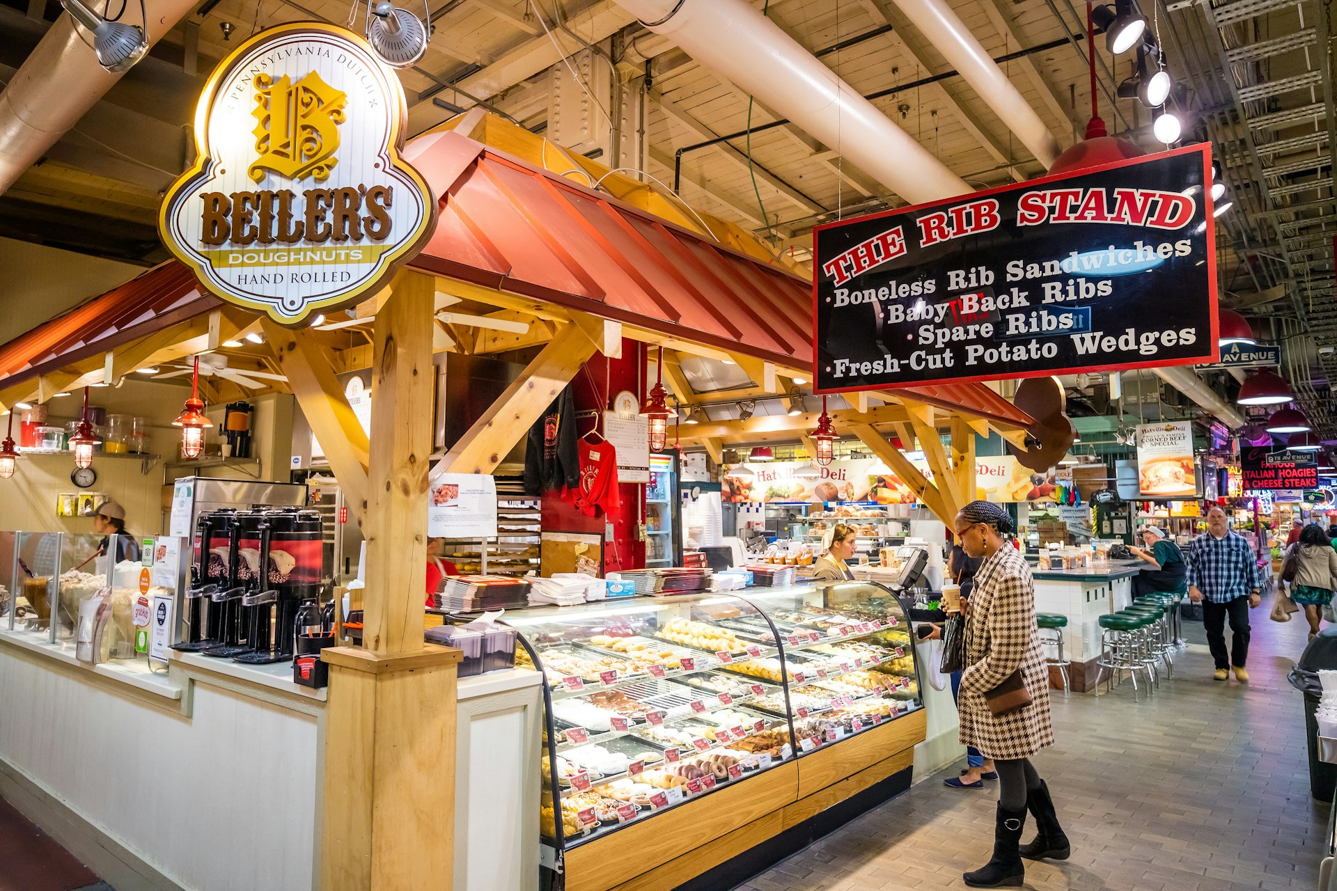 Beller's Doughnuts stall and the Rib Stand at Reading Terminal Market