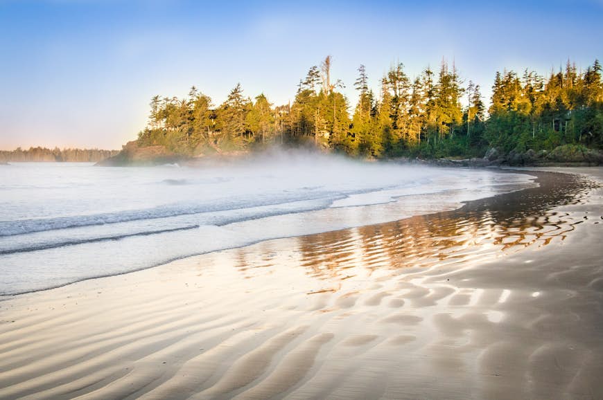 Waves softly roll onto a deserted Tofino Beach at Vancouver Island with the evergreen trees soft-focused in the background.