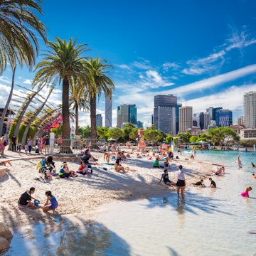 BRISBANE, AUS - APRIL 17 2016: Streets Beach in South Bank Parkland. It's inner-city man-made beach next to city center.
