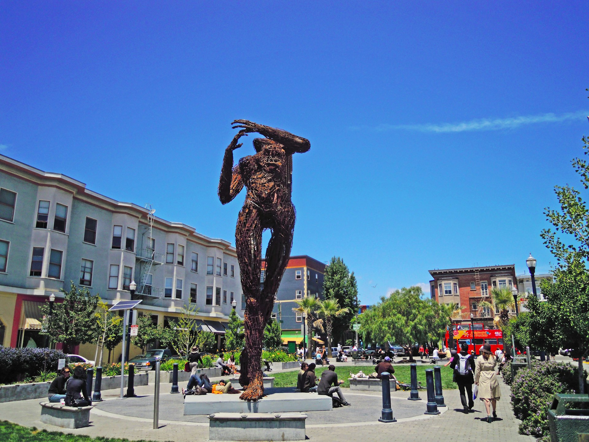 The sculpture Ecstasy by Dan Das Mann and Karen Cusolito, made from salvaged and recycled steel, stands in Patricia's Green, San Francisco. 