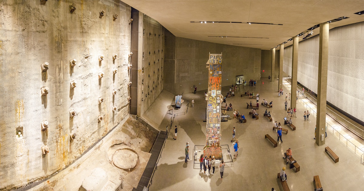 NEW YORK CITY, USA - JUNE 18 2016 - Panoramic view of the interior  National 9/11 Memorial Museum. The Last Column Remnants and Slurry Wall. Ground Zero in Lower Manhattan, New York City, USA