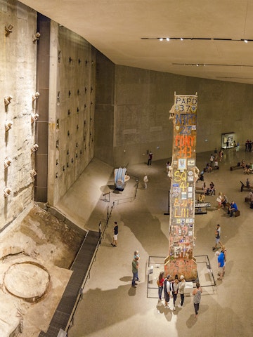 NEW YORK CITY, USA - JUNE 18 2016 - Panoramic view of the interior National 9/11 Memorial Museum. The Last Column Remnants and Slurry Wall. Ground Zero in Lower Manhattan, New York City, USA