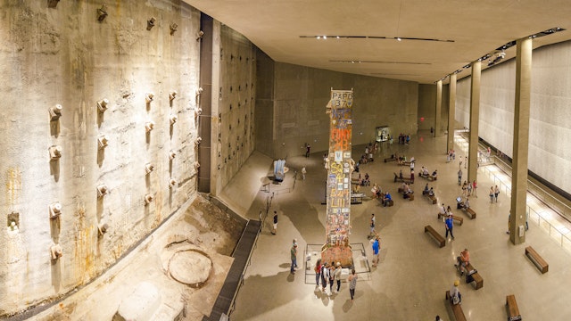 NEW YORK CITY, USA - JUNE 18 2016 - Panoramic view of the interior  National 9/11 Memorial Museum. The Last Column Remnants and Slurry Wall. Ground Zero in Lower Manhattan, New York City, USA