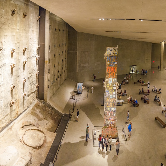 NEW YORK CITY, USA - JUNE 18 2016 - Panoramic view of the interior National 9/11 Memorial Museum. The Last Column Remnants and Slurry Wall. Ground Zero in Lower Manhattan, New York City, USA