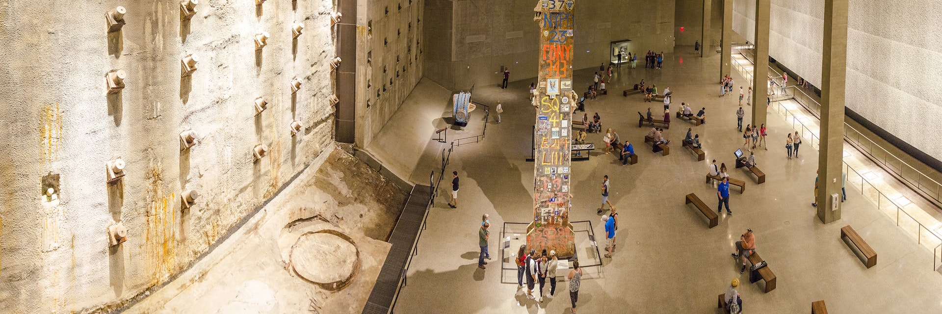 NEW YORK CITY, USA - JUNE 18 2016 - Panoramic view of the interior  National 9/11 Memorial Museum. The Last Column Remnants and Slurry Wall. Ground Zero in Lower Manhattan, New York City, USA