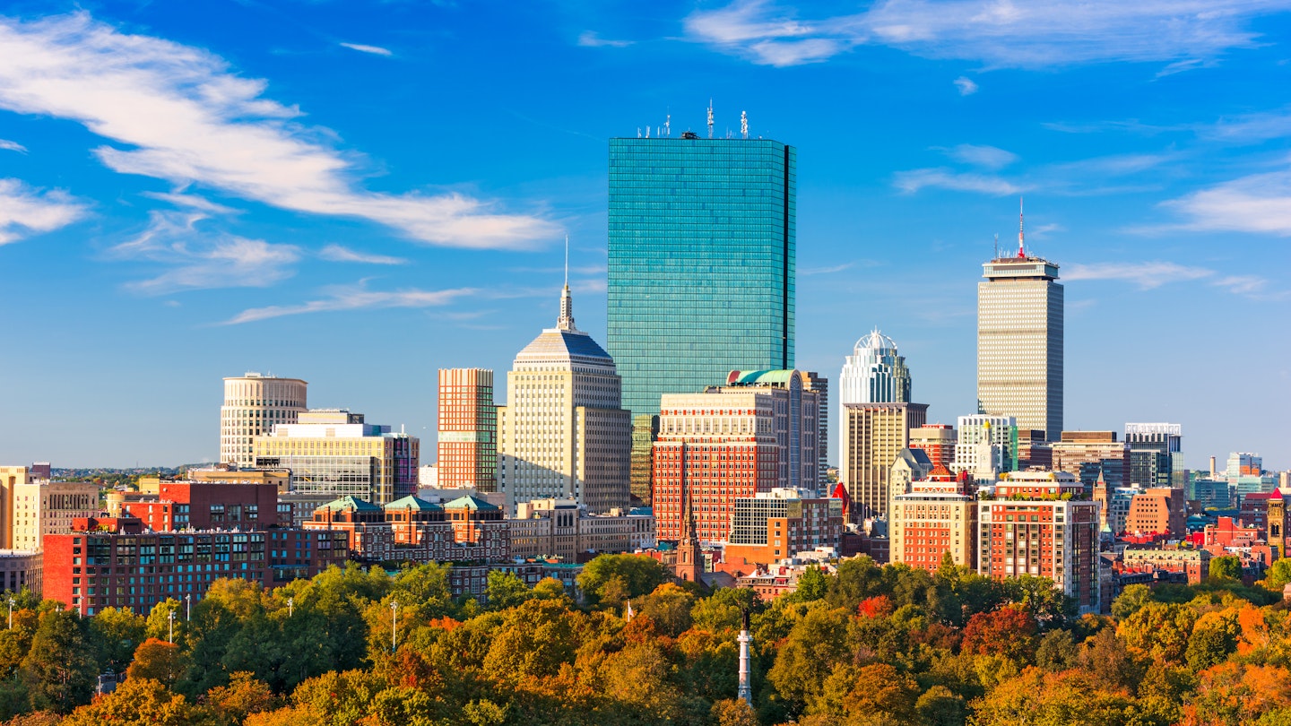 Boston, Massachusetts, USA skyline over Boston Common.