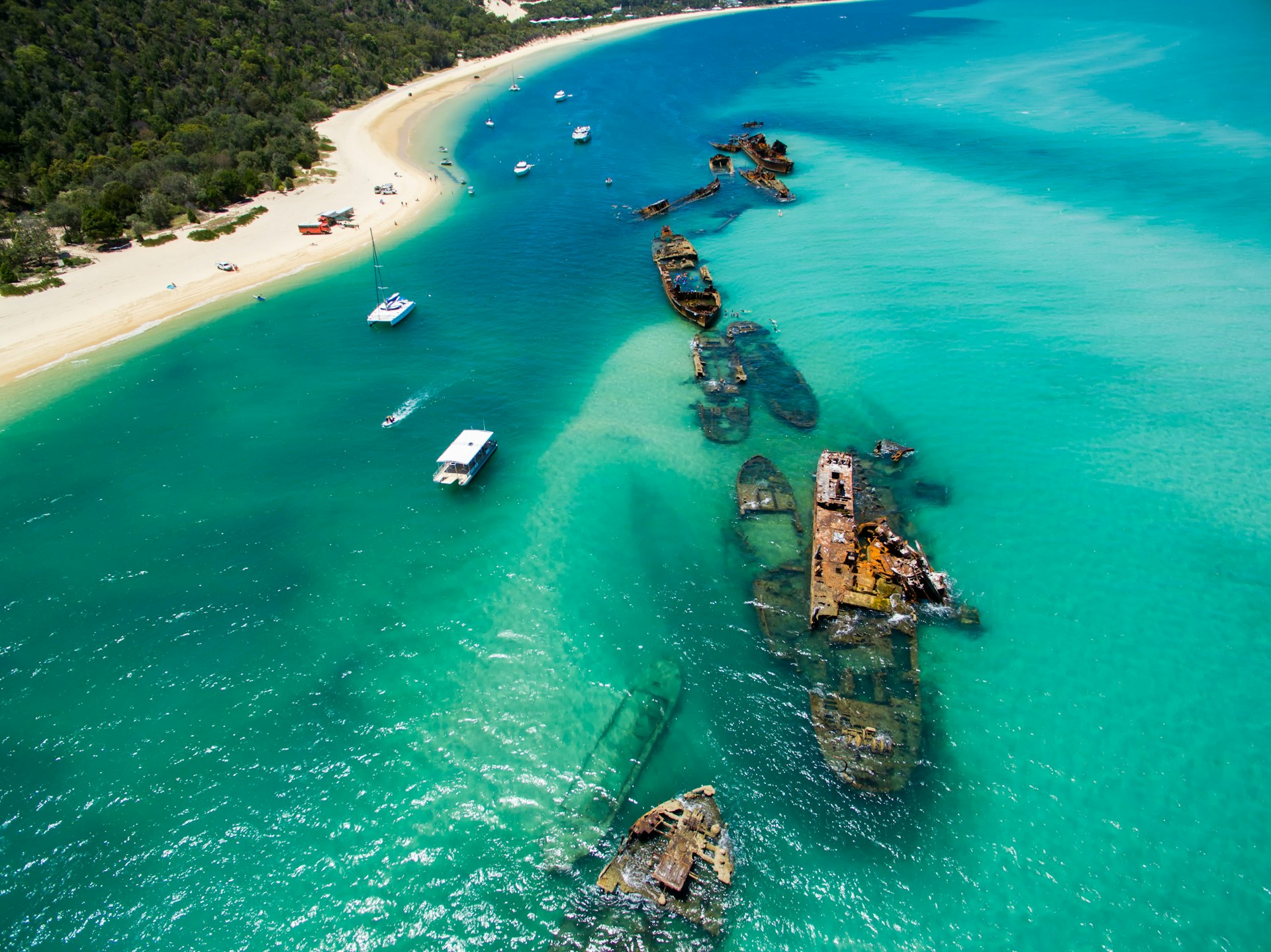 An aerial view of the Shipwrecks on Moreton Island, Queensland, Australia