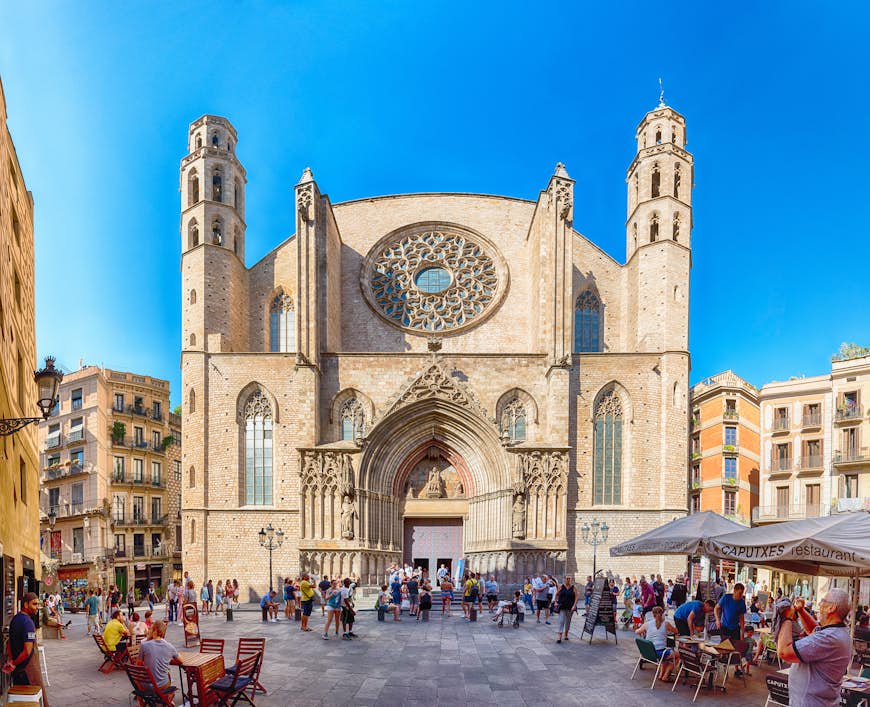 The facade of the Gothic church of Santa Maria del Mar in Barcelona, Spain