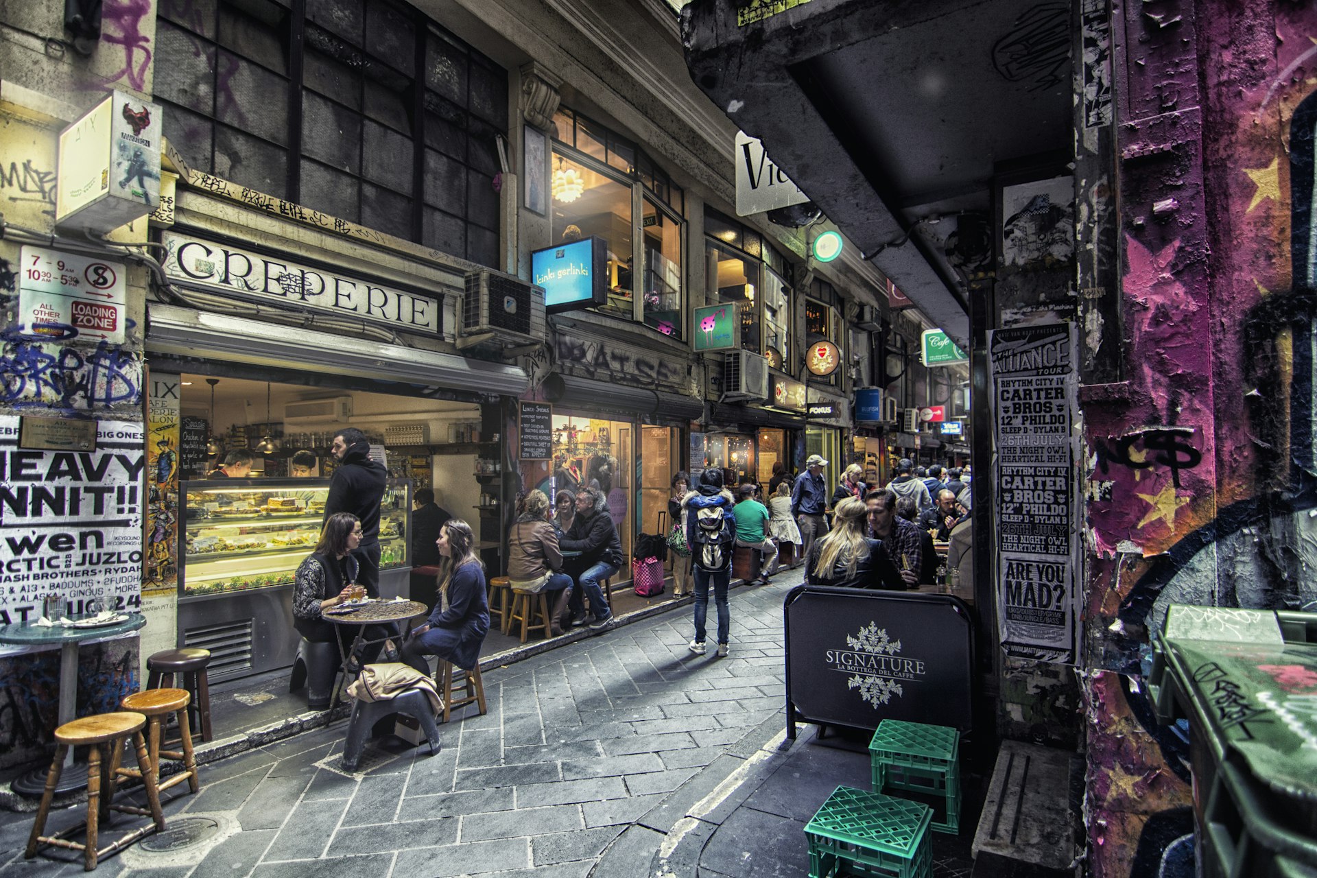 Night time view of the very hip Degraves Street in Melbourne