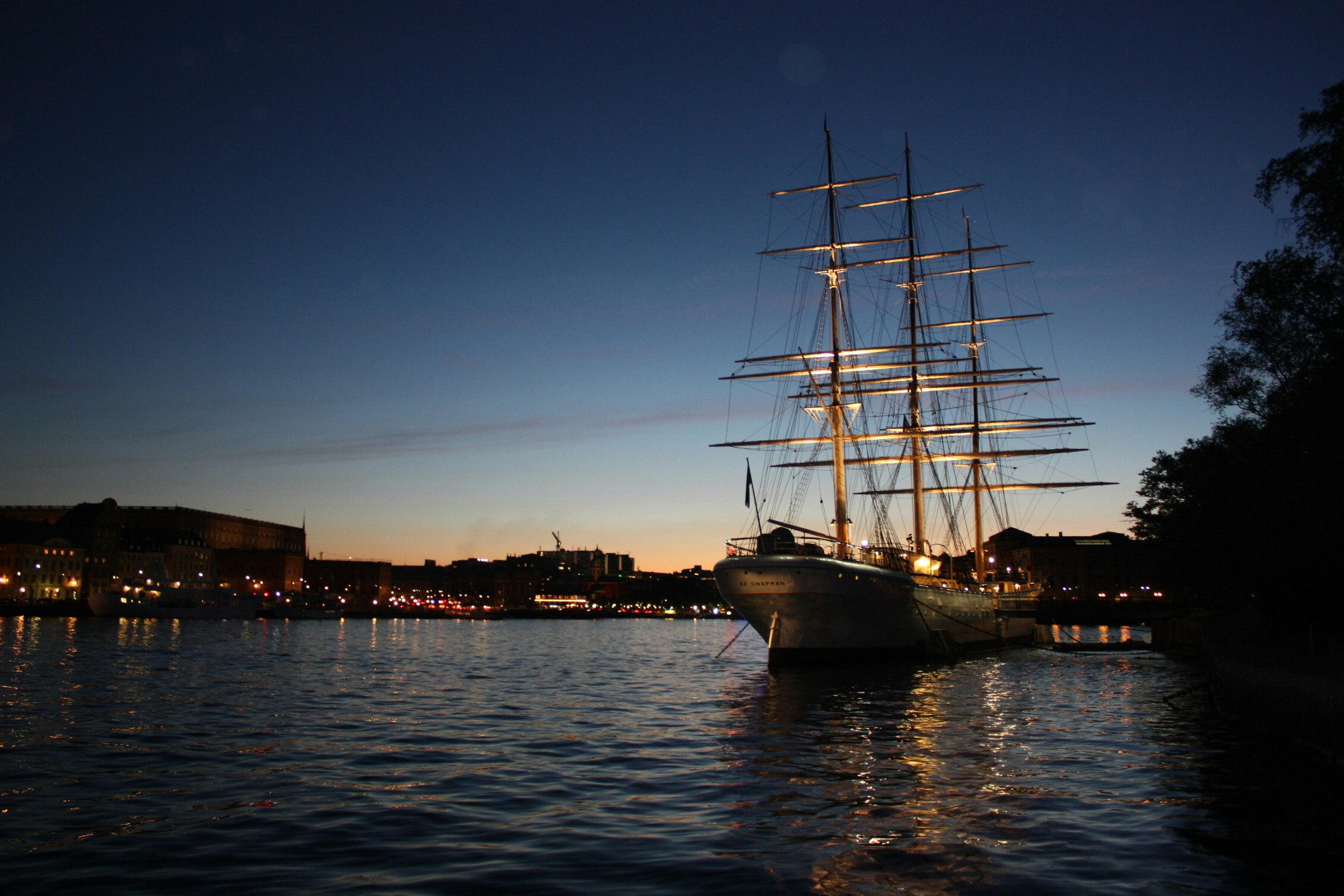 Moored on the western shore of the islet Skeppsholmen, the af Chapman tall ship youth hostel