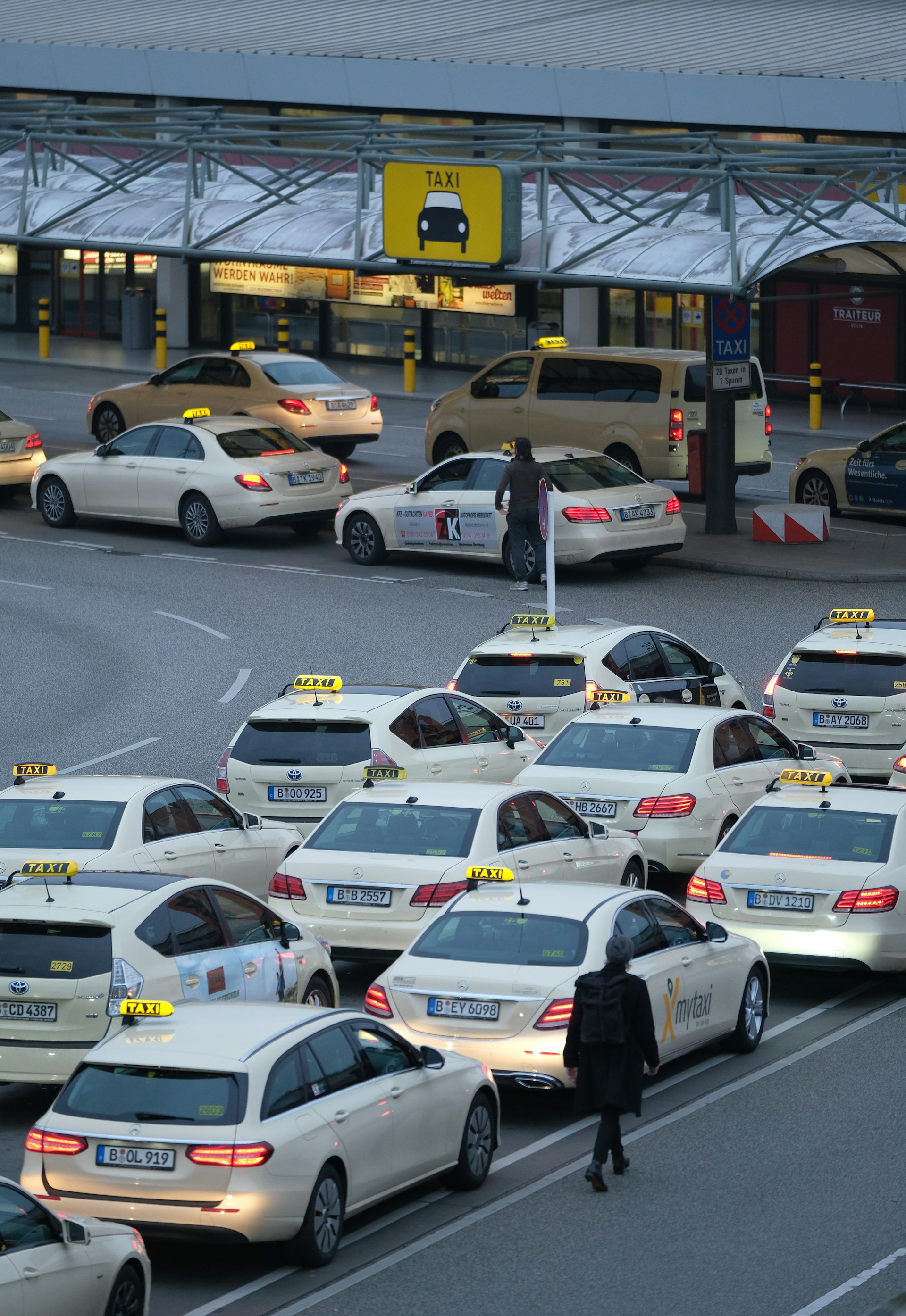 Taxis wait for passengers at Tegel Airport in Berlin, Germany