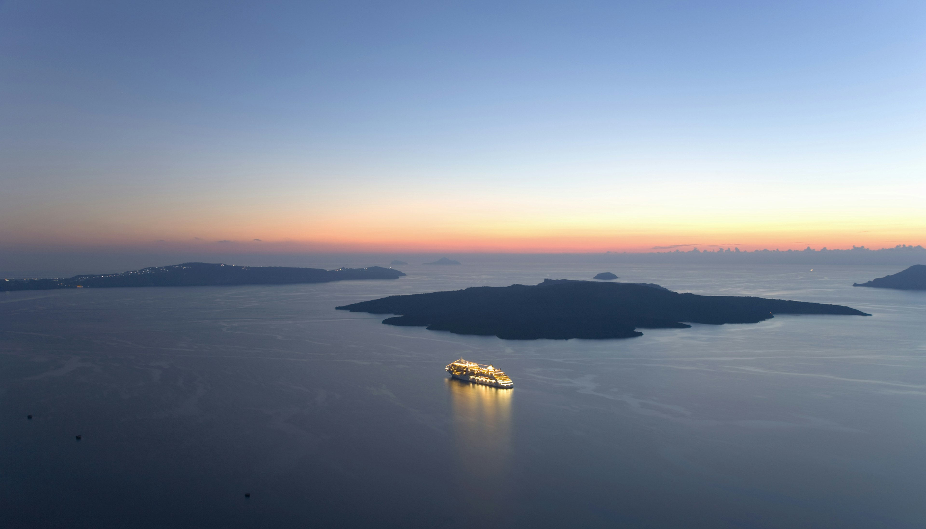 The caldera after sunset, Fira, Santorini, Greece