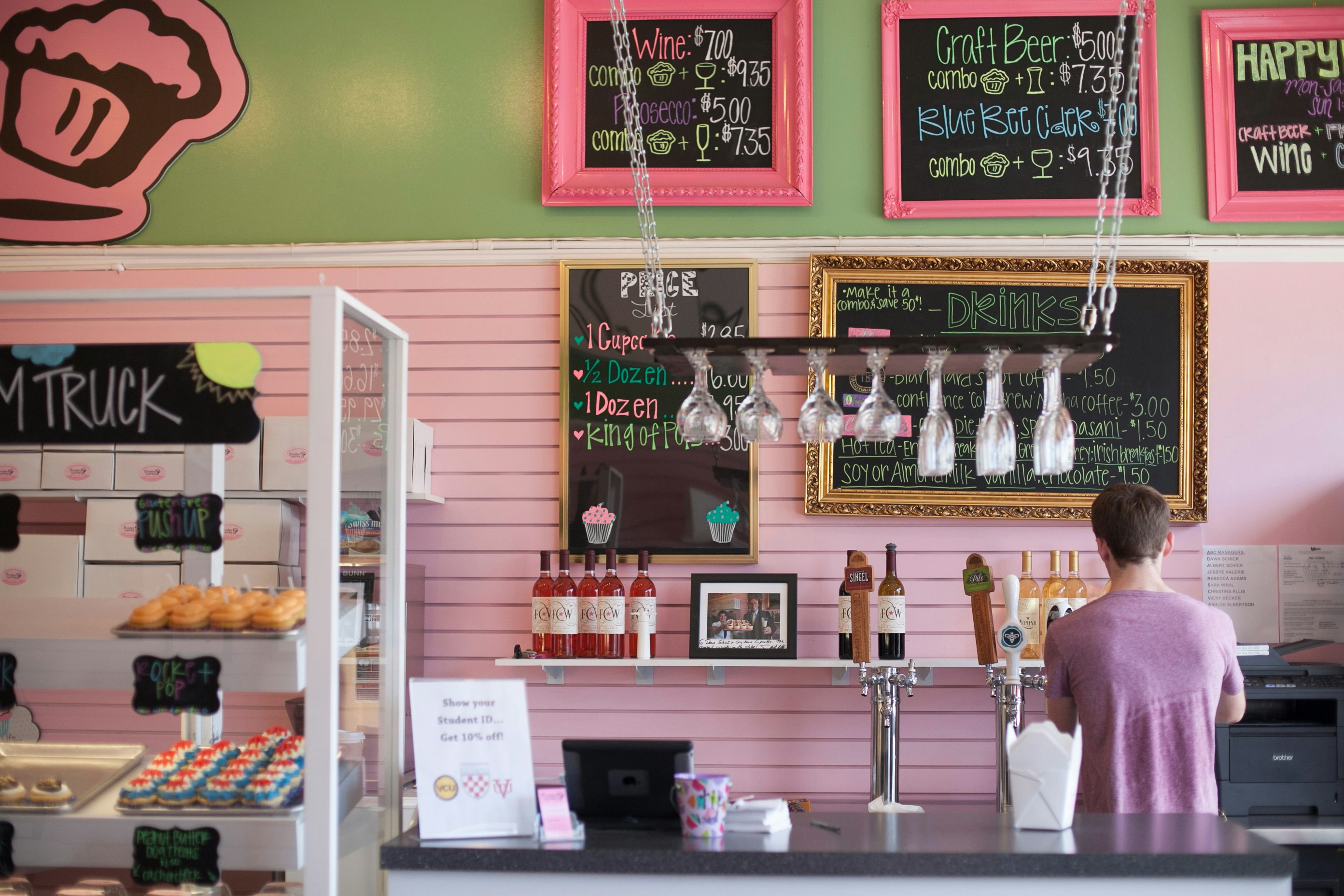 Pink and green interior of Carytown Cupcakes in Richmond, Virginia