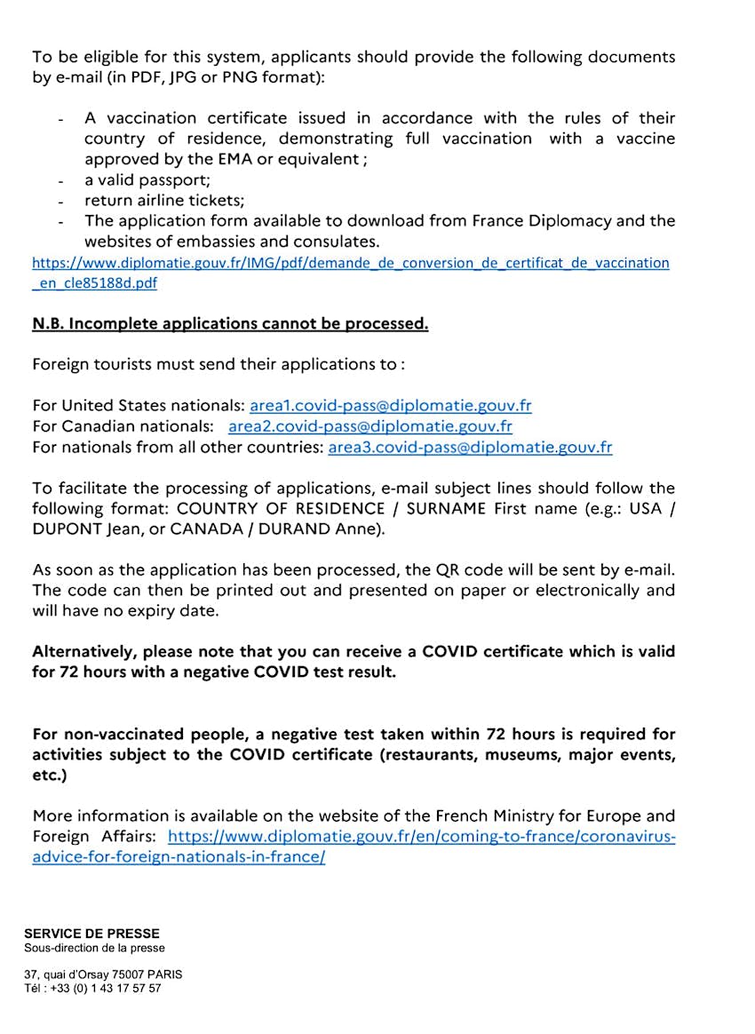 Instructions for tourists outside the EU to obtain a French health pass