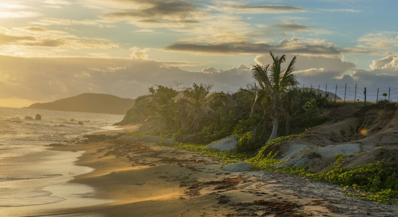 Sunset illuminates the golden sands of the west coast of the island of Vieques, a small isle to the east of Puerto Rico's main island.