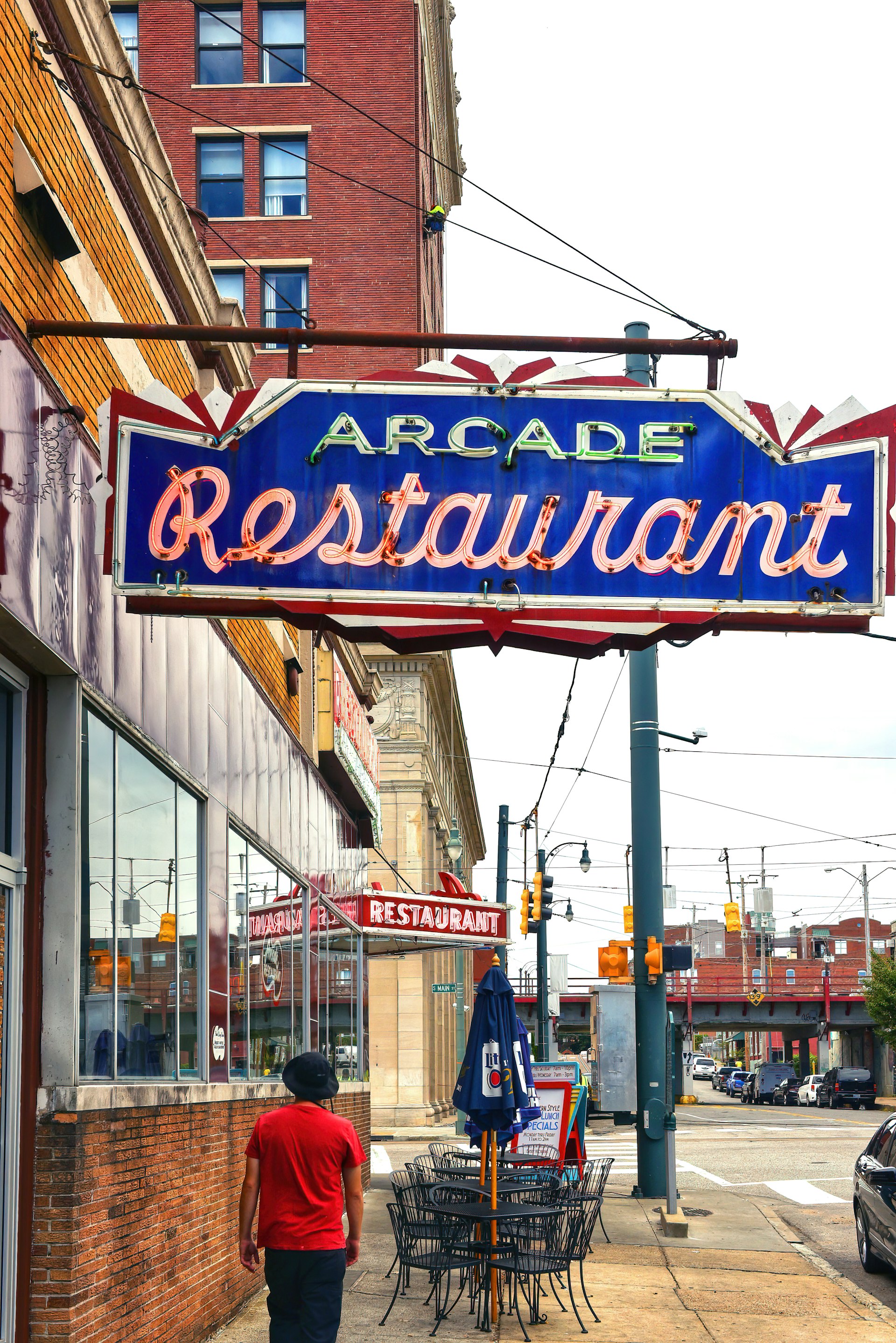 Exterior and neon sign at Arcade Restaurant in Memphis, Tennessee