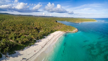 Aerial view of the coastline of Vieques National Wildlife Refuge on Viques, an island in Puerto Rico.