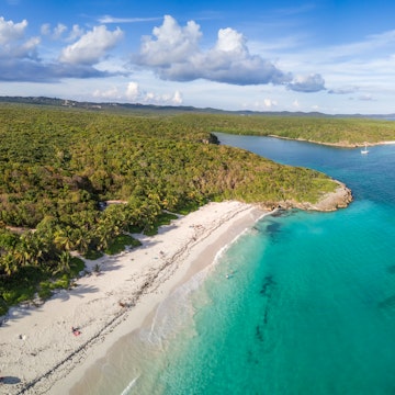 Aerial view of the coastline of Vieques National Wildlife Refuge on Viques, an island in Puerto Rico.