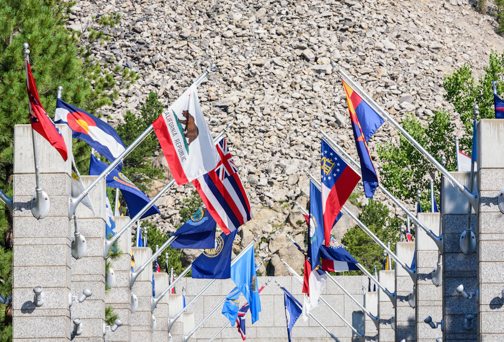 Avenue of Flags Close up of the Avenue of Flags at Mount Rushmore National Monument, USA.