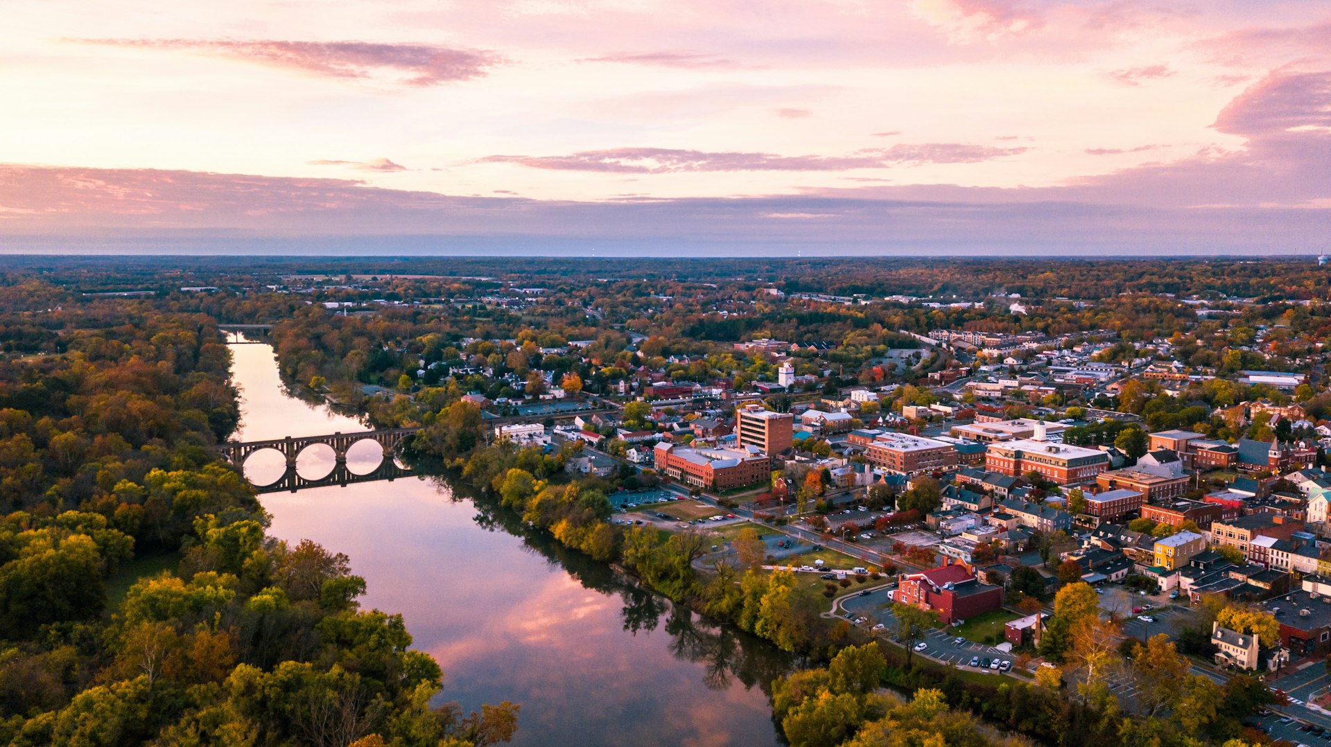 Aerial view of Fredericksburg, Virginia, at sunrise