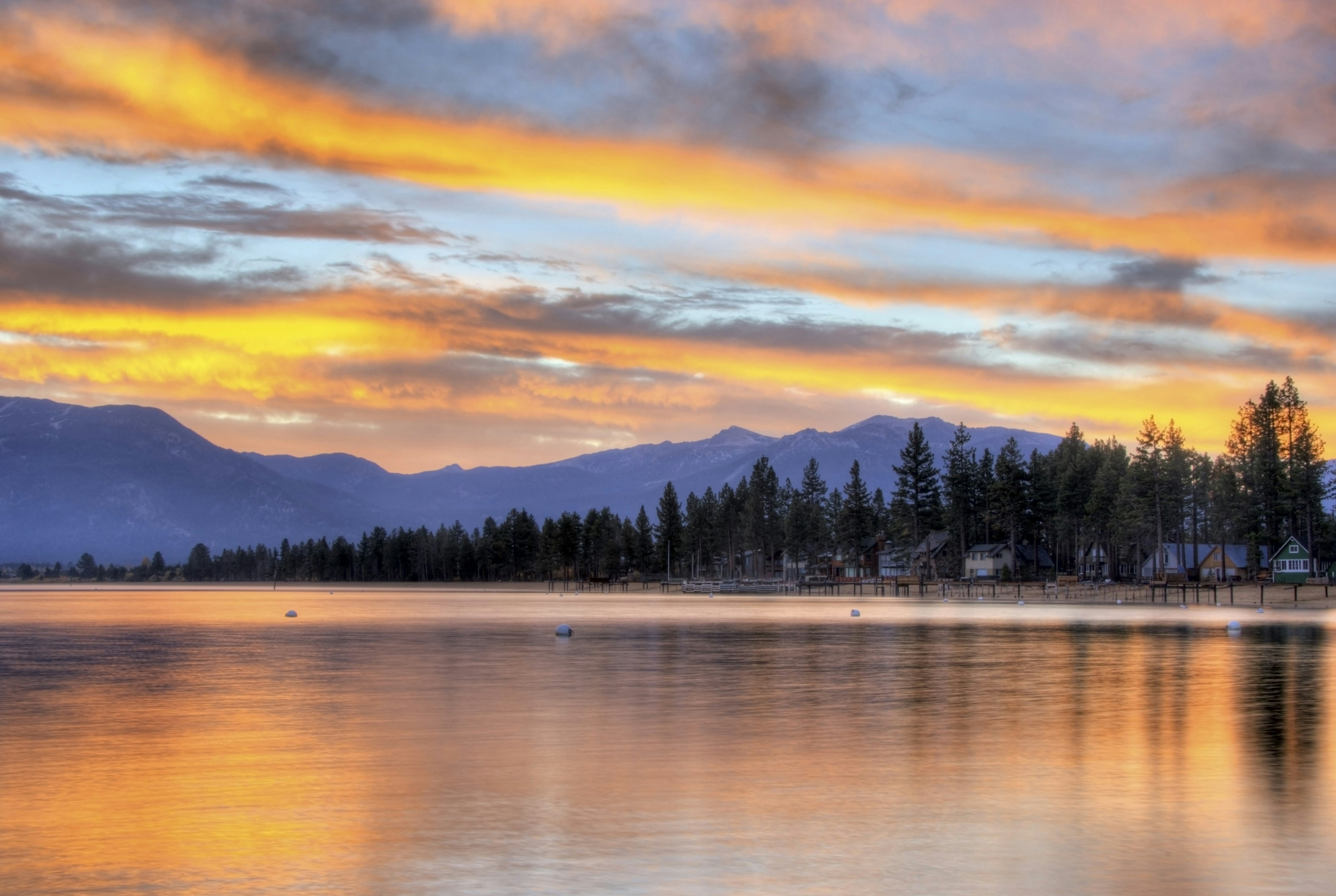 Fall sunrise reflected in Lake Tahoe, California.
