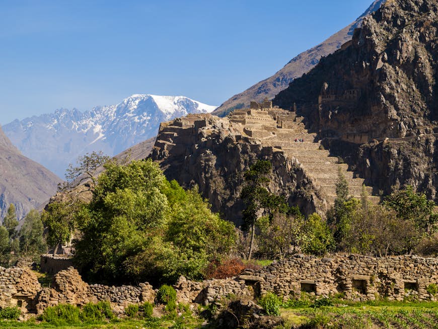 View of mountains and the Ollantaytambo ruins in the Sacred Valley, Peru