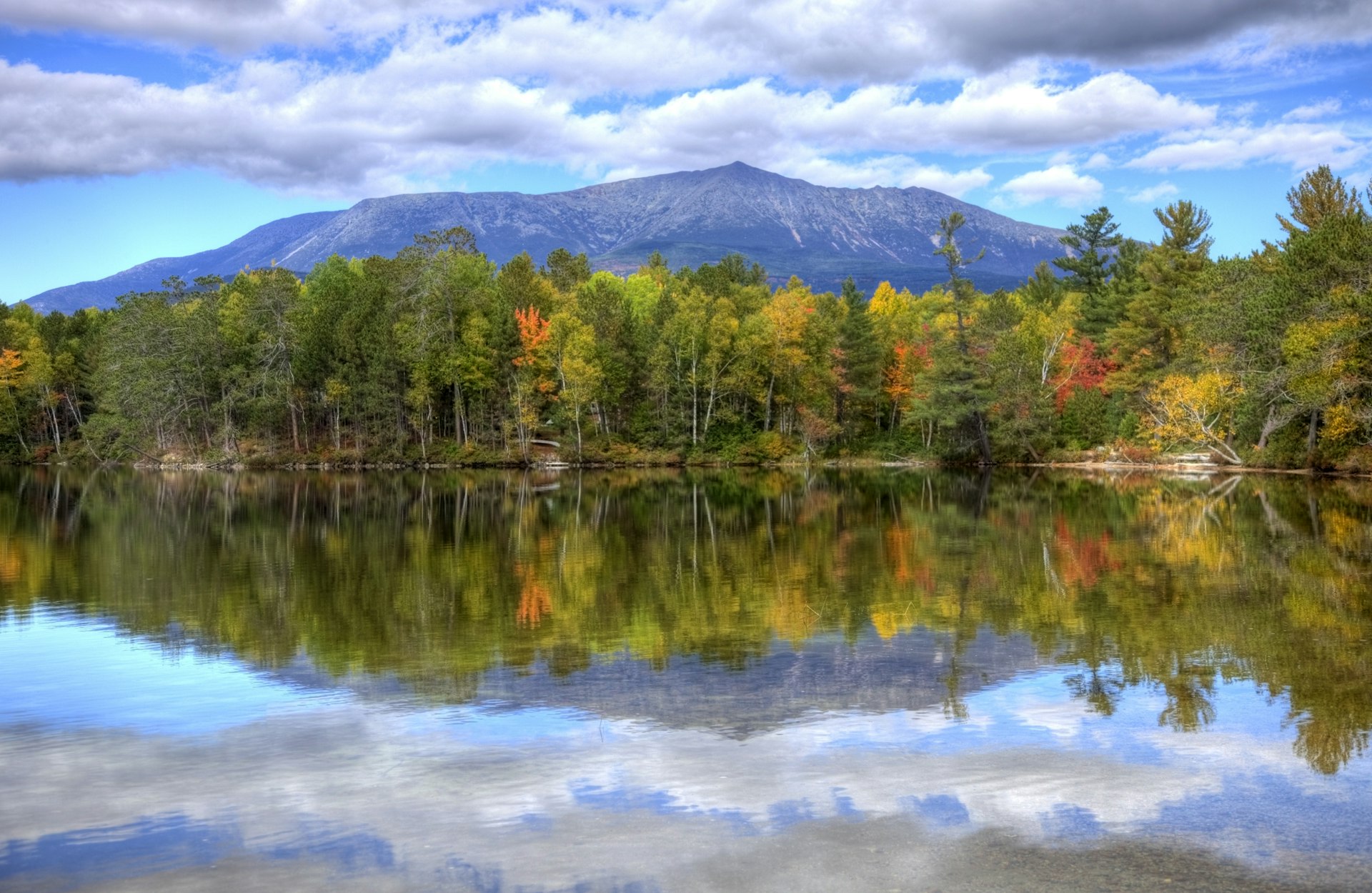 Mount Katahdin reflected in a lake at Baxter State Park, Maine
