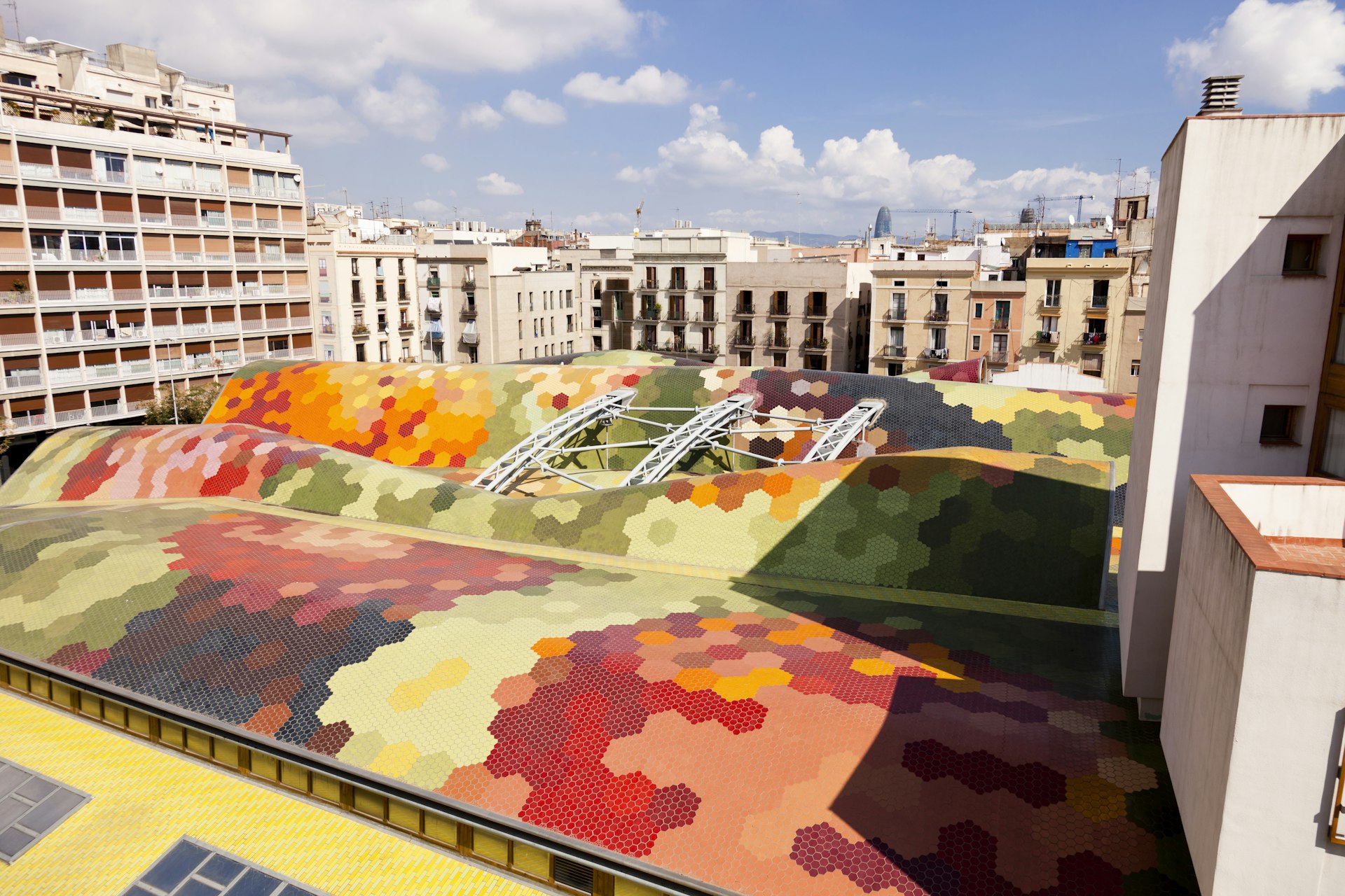 Colorful mosaic on the roof of Mercat de Santa Caterina in Barcelona, Spain